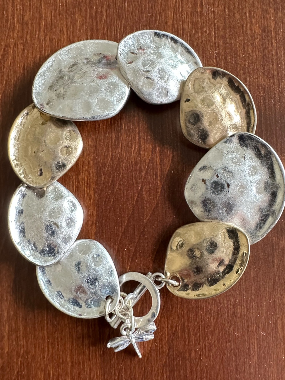 J Jill Hammered Metal Multi Tone Bracelet With Dragonfly EUC